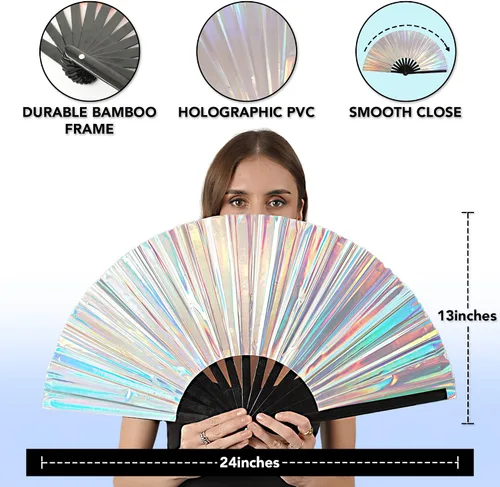 Vista 2 de Ventilador holográfico para rave, fanático del orgullo y ventilador de festivales, ventilador plegable grande para festivales, Halloween, burlesque