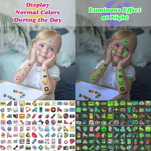 Vista 7 de 96 tatuajes temporales luminosos precortados de regreso a los años 90 y 80 que brillan For Kids Theme Birthday Party Decorations Supplies Favors