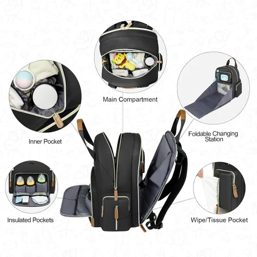 Vista 4 de Mochila para pañales con cambiador, organizador de bolsas de pañales para mamás, papás, bolsas cambiadoras grandes para bebés