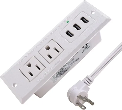 Vista 8 de Regleta de alimentación empotrable de escritorio con enchufe USB de montaje empotrado, 2 tomas de corriente, 3 puertos USB (15 W/3 A), estación