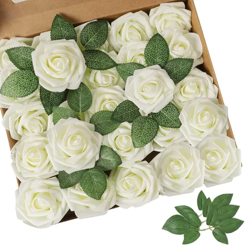 Vista 26 de AmyHomie 25 flores artificiales de aspecto real con tallo de rosa beige