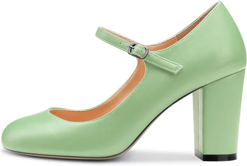 Vista 2 de HEUIVZAR Zapatos de tacón alto y grueso para mujer, estilo Mary Jane, puntera redonda, tacón medio y correa en el tobillo, zapatos de vestir