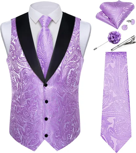 Vista 34 de DiBanGu Chaleco de traje de cachemira para hombre, chaleco jacquard de seda y corbata, chaleco formal de cuello de chal, 7 piezas para fiesta
