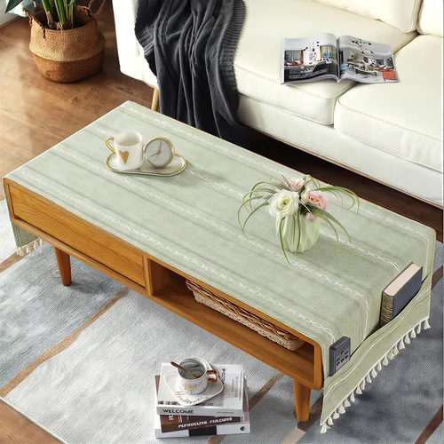 Vista 9 de Mantel de mesa auxiliar bohemio para sala de estar, con bolsillos y borlas, mantel rectangular a rayas para café, lavadora, secadora, refrigerador