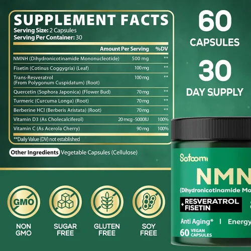Vista 2 de Satoomi 8 en 1 NMNH - Suplemento alternativo de NMN - Suplemento NAD para apoyar los niveles de NAD añadidos de fisetina, resveratrol, quercetina