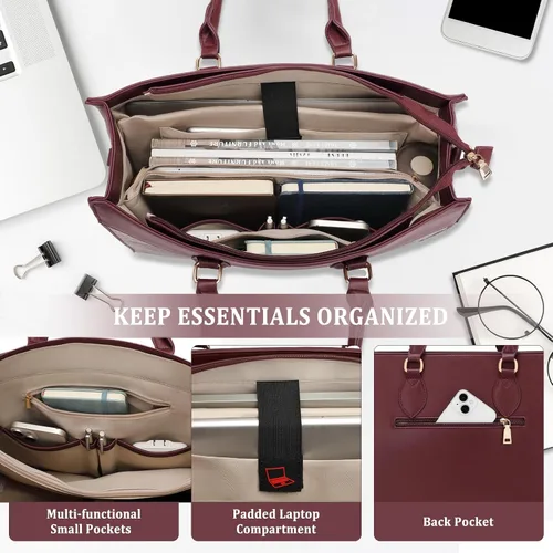 Vista 3 de BOLOSTA Bolsa para laptop para mujer, bolsa de trabajo de 15.6 pulgadas para mujer, bolsa grande de cuero impermeable para computadora con bolso