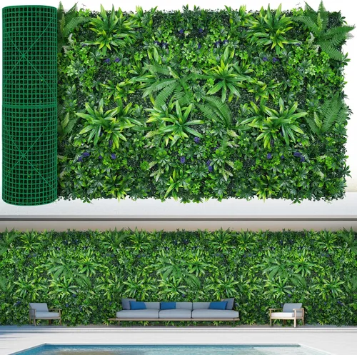 Vista 15 de Paneles de pared de césped de 20 x 20 pulgadas, 16 piezas de fondo de vegetación artificial con hojas resistentes a los rayos UV, decoración