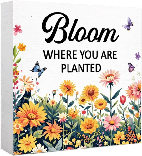 Vista 10 de Decoración de escritorio de primavera, letrero de madera con texto en inglés "Bloom Where You Are Planted", decoración de escritorio de flores