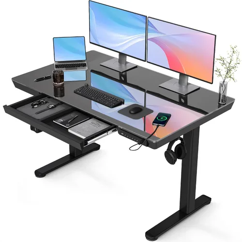 Vista 15 de Claiks Escritorio de pie pequeño de cristal con cajones y puertos USB 32x19 negro
