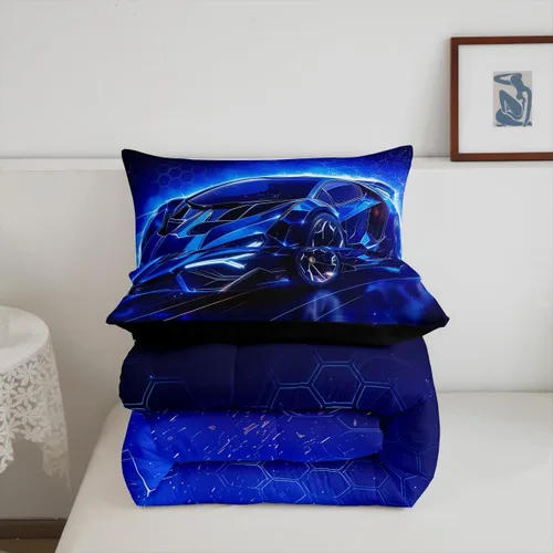 Vista 5 de Feelyou Juego de edredón para niños y niños con temática de autos deportivos tamaño individual azul con diseño de auto de carreras para niños