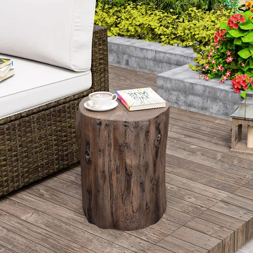 Vista 7 de HOMPUS Mesa auxiliar de hormigón para exteriores, mesa redonda moderna de tocón de árbol Taburete de jardín con extremo de madera sintética