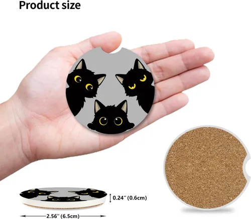 Vista 2 de Lindos portavasos de cerámica para coche con diseño de gatos negros para mujeres/hombres, portavasos para automóvil con muesca de dedo 2.5 pulgadas