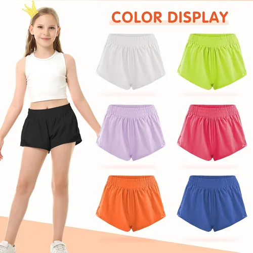 Vista 4 de Pantalones cortos deportivos para niñas, de secado rápido, con bolsillo con cremallera, para adolescentes y niños, pantalones cortos deportivos