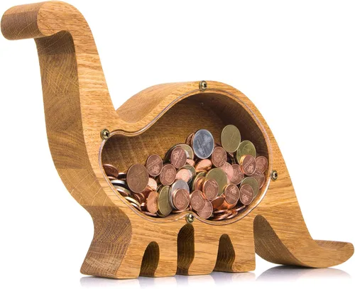 Vista 10 de Alcancía de dinosaurio para niños y niñas, caja de ahorro de dinero duradera y práctica, madera de roble natural con idea de plexiglás transparente