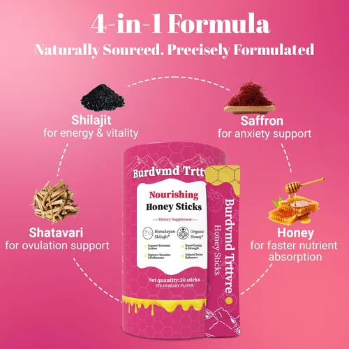 Vista 3 de Shilajit - Palitos de miel Shilejit para mujeres y hombres, sabor fresa, energía natural y apoyo de vitalidad, equilibrio hormonal, enfoque