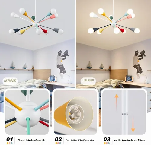 Vista 5 de Candelabros Sputnik coloridos, lámpara de comedor de 10 luces