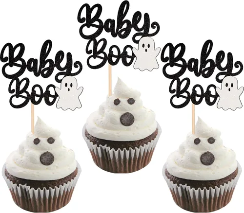 Vista 26 de 30 piezas de decoración de murciélagos de Halloween para cupcakes de murciélago con purpurina negra para Halloween, decoración de pasteles de Negro