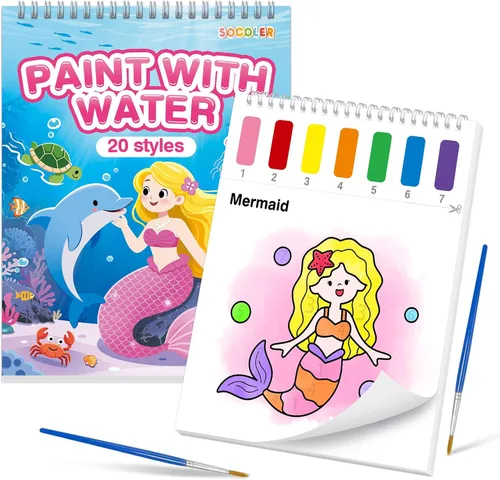 Vista 15 de Libros para colorear con pintura al agua para niños, juegos de papeles de pintura de acuarela sin desorden para niños pequeños, kit de pintura