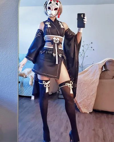 Vista 3 de Disfraz 2B de NieR Automata YoRHa No.2 tipo B Kimono traje de anime Halloween mujer disfraz máscara de zorro