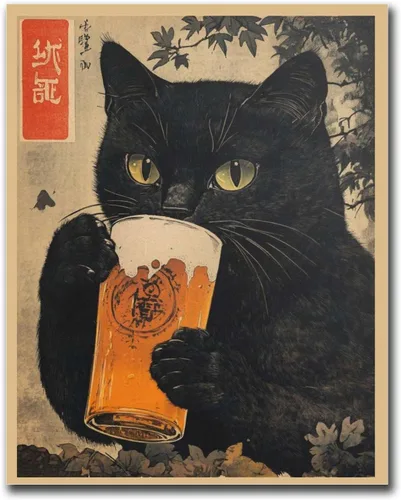 Vista 7 de SENLYCH Póster de pintura en lienzo e impresión vintage de gato negro con cerveza, impresión de arte japonés, gato negro bebiendo cerveza, póster