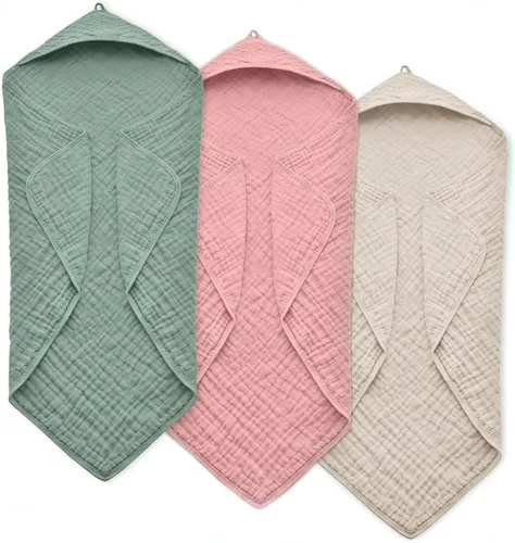 Vista 8 de Toallas de bebé con capucha para recién nacido, 35 x 35 pulgadas, paquete de 3 toallas de baño 100% algodón de muselina para bebé, toallas de playa