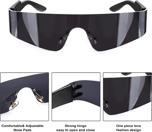 Vista 3 de Crazy Feng Gafas de sol envolventes futuristas sin montura para mujeres y hombres, gafas de sol Cyberpunk con visera