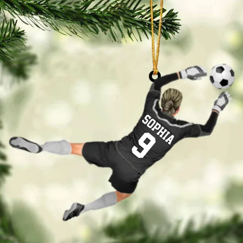 Vista 7 de Adorno de fútbol personalizado, adorno de Navidad de jugador de fútbol personalizado con nombre y número, regalo deportivo único para hombres