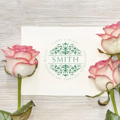 Vista 4 de Sello de dirección Royal Weiss preentintado personalizado, papelero personalizado, diseño redondo, regalo único, tamaño de 1-5/8 pulgadas