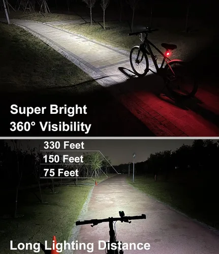 Vista 5 de Luces de bicicleta para conducción nocturna, luz de bicicleta de 6400 mAh delantera y trasera recargable por USB, juego de luces traseras y faros