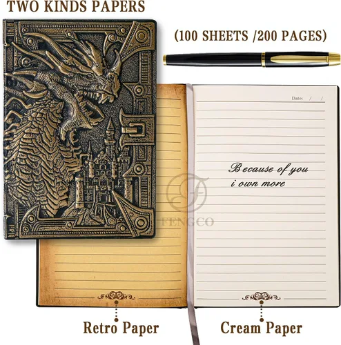 Vista 3 de Cuaderno de escritura de diario de dragón en relieve 3D con juego de bolígrafos, diario DND de tapa dura hecho a mano, bloc de notas diario