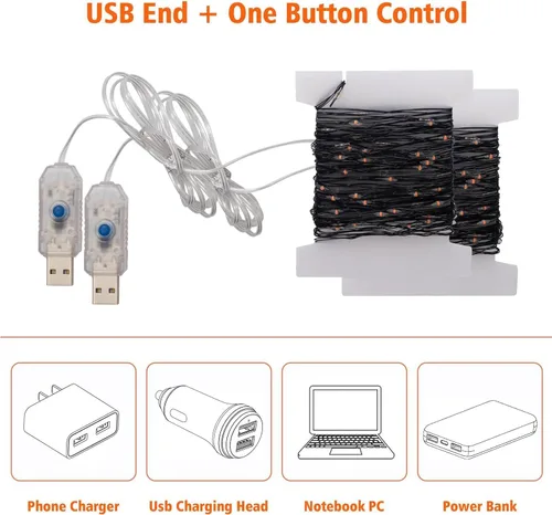 Vista 2 de Beingreat - Guirnalda de luces USB enchufables, paquete de 2 mini luces LED de 33 pies, cable negro con 8 modos para Halloween, Navidad, Pascua