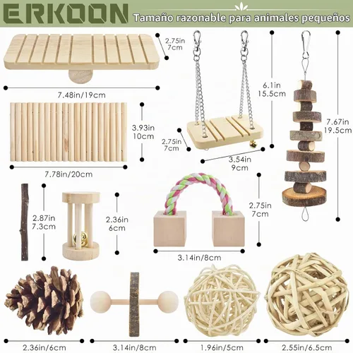 Vista 2 de ERKOON Paquete de 12 juguetes masticables de hámster, rata jerbo, conejillo de indias, chinchilla, accesorios para jaulas, mancuernas de madera