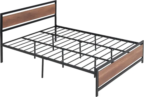 Vista 6 de Base de cama de plataforma tamaño Queen con cabecera de madera rústica vintage, marco de cama resistente con almacenamiento, no necesita somier