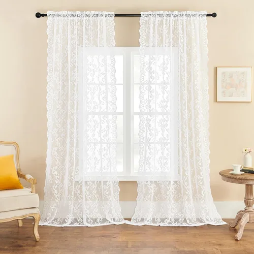 Vista 35 de Cortinas de encaje floral victoriano transparentes - 45 pulgadas de largo, 2 paneles, bolsillo para barra de cocina estilo cafetería, filtro de luz