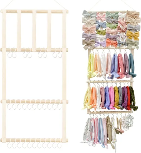Vista 15 de POVETIRE Organizador de lazos para el pelo con soporte para diadema para niñas, organizador de almacenamiento para diademas y accesorios para bebé