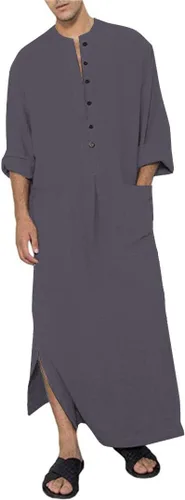 Vista 5 de Jacansi Bata de algodón con botones para hombre, manga larga, caftán, thobe, camisa casual para playa 01-Blanco