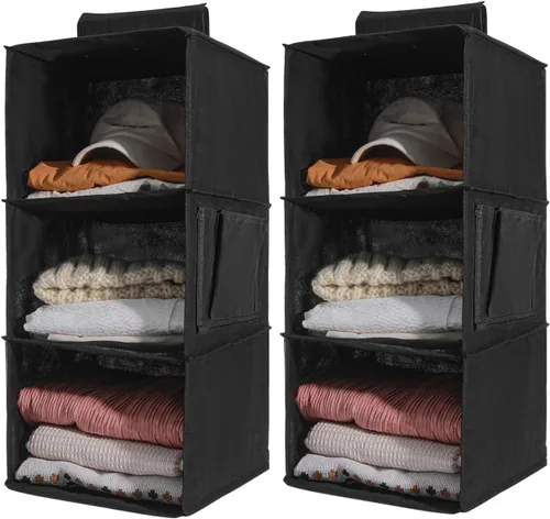 Vista 10 de 2 Packs Hanging Closet Organizer Storage, 3-Shelf Hanging Shelves for Closet, Closet Clothes Organizer and Storage with Side Pocket, Beige