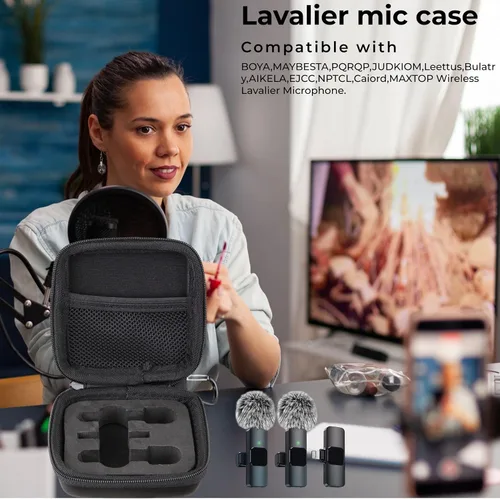 Vista 3 de Estuche de viaje duro para micrófono, estuche de micrófono Lavalier inalámbrico con 3 ranuras para micrófono de solapa con clip para micrófono