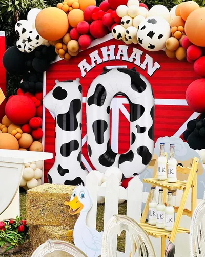 Vista 7 de Globos con estampado de vaca de 40 pulgadas, globo de número 0 blanco y negro con temática de vaquera, suministros de decoración de fiesta