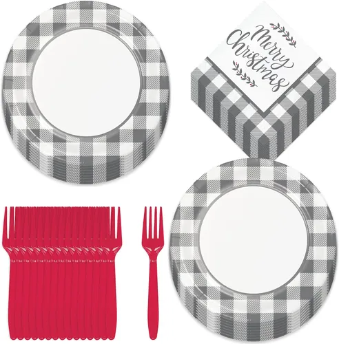 Vista 12 de HOME & HOOPLA Platos y servilletas de papel grandes para fiesta de Navidad, diseño calmado y brillante en verde y dorado moderno (para 16 personas)