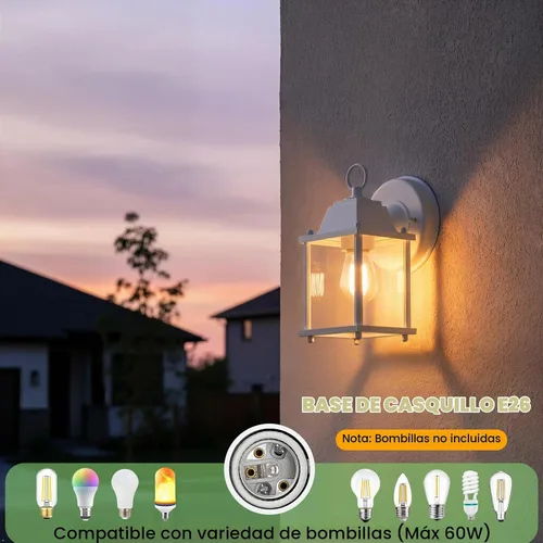 Vista 4 de LIT-PaTH Farol de pared para exteriores, aplique de pared como accesorio de iluminación de porche, base E26, carcasa de aluminio más vidrio Blanco