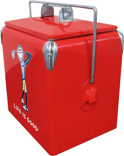 Vista 3 de Leigh Country Life is Good - Hielera metálica roja, diseño gráfico Jake Golfing, portátil con asa de transporte