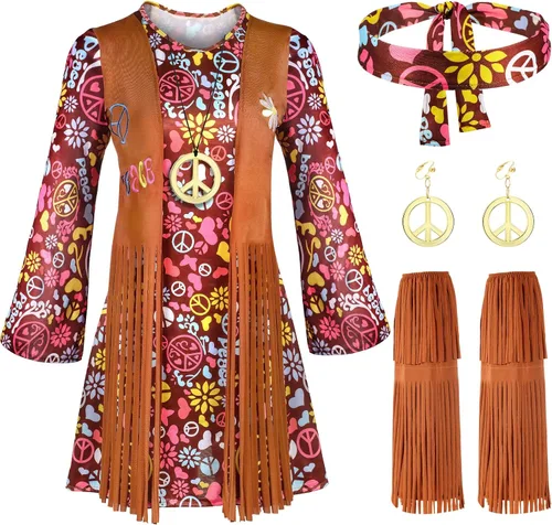Vista 2 de Disfraz hippie para niñas, vestido hippie de los años 70, diadema, traje con signo de la paz, aretes, collar, Halloween, cosplay, disfraz