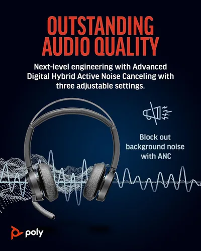 Vista 3 de Poly Voyager Focus 2 UC - Auriculares inalámbricos con micrófono (Plantronics) - Cancelación activa de ruido (ANC) - Conecta PC/Mac/Móvil a través