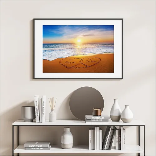 Vista 7 de Corazón y corazón en hermoso amanecer fotos personalizadas únicas o impresiones en lienzo con nombres de pareja y fecha especial en la playa, regalo