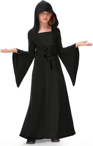 Vista 8 de BesserBay Disfraz de bruja para niñas, vestido de vampiro de Halloween de 5 Negro y Rojo Vestido