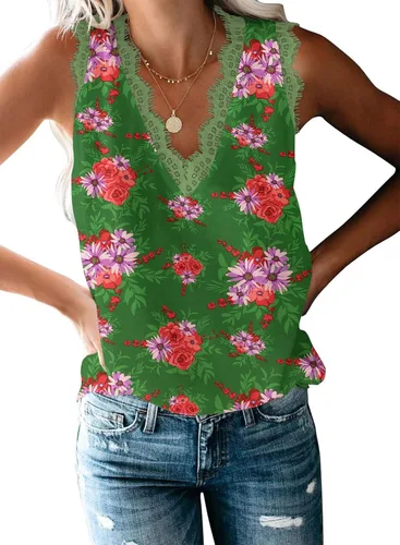 Vista 8 de VIISHOW - Camiseta sin mangas, sexy, con cuello en V y bordes de encaje para mujer, camisola de vestir, camisas de gasa, sin mangas, casuales