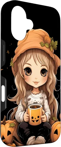 Vista 3 de Chibi Girl Anime Kawaii Pumpkin Spice Latte Fall Halloween Case for iPhone 16
