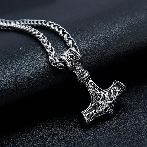 Vista 3 de BAVIPOWER Mjolnir Thors Hammer Collar Collar vikingo de acero inoxidable auténtica joyería nórdica para hombres y mujeres Metal