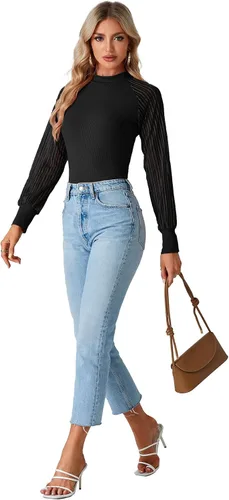 Vista 5 de LYANER Blusa elegante de punto con cuello redondo para mujer, blusa de manga larga con encaje